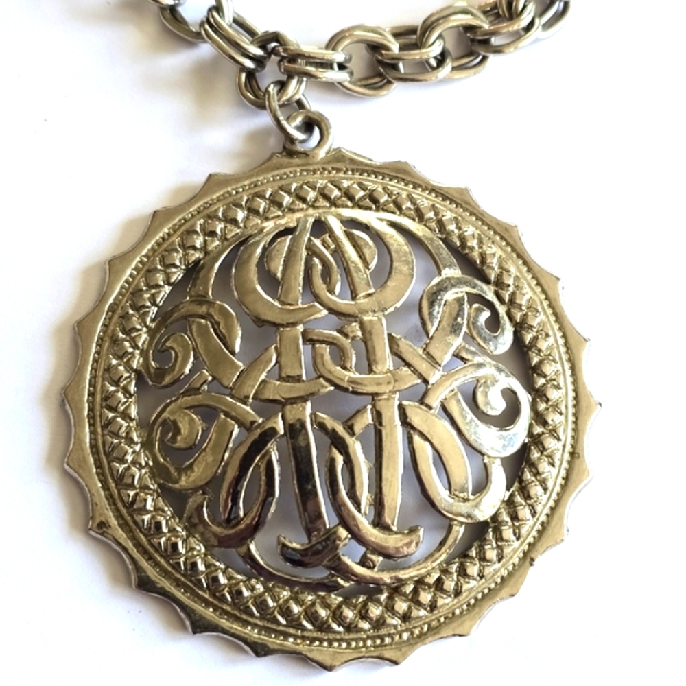 Big vintage necklace letters monogram design Silver tone bold statement